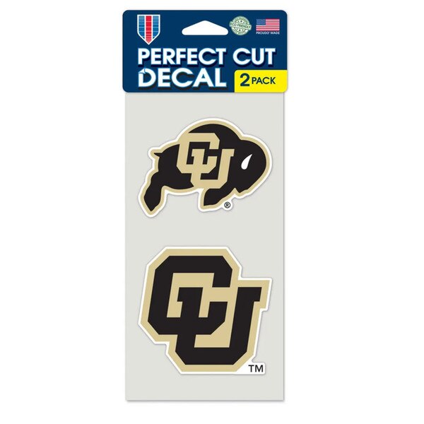 CU Buffaloes 2-pack decal set with black and gold buffalo logo and interlock CU logo, in Perfect Cut packaging.